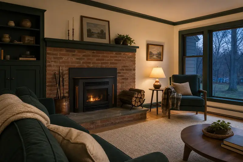 A lived-in family room with a gas insert set in a brick opening, seasoned firewood and wool throws; illustrative image