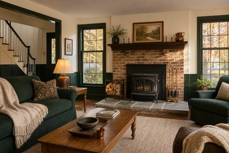A restored hearth room with a cast-iron wood stove on a stone hearth pad, a clean hearth and brass fireplace tools; illustrative image