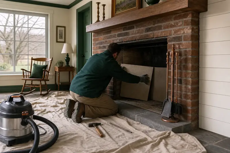 A technician fitting a refractory panel into the firebox of an open masonry wood-burning fireplace, the fireplace cold and unlit; illustrative image