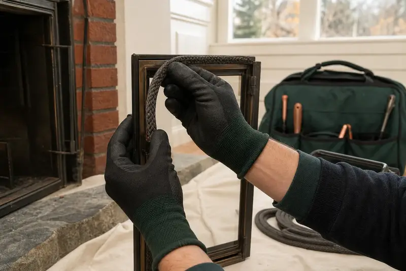 Gloved hands fitting new gasket rope along a fireplace door frame; illustrative image