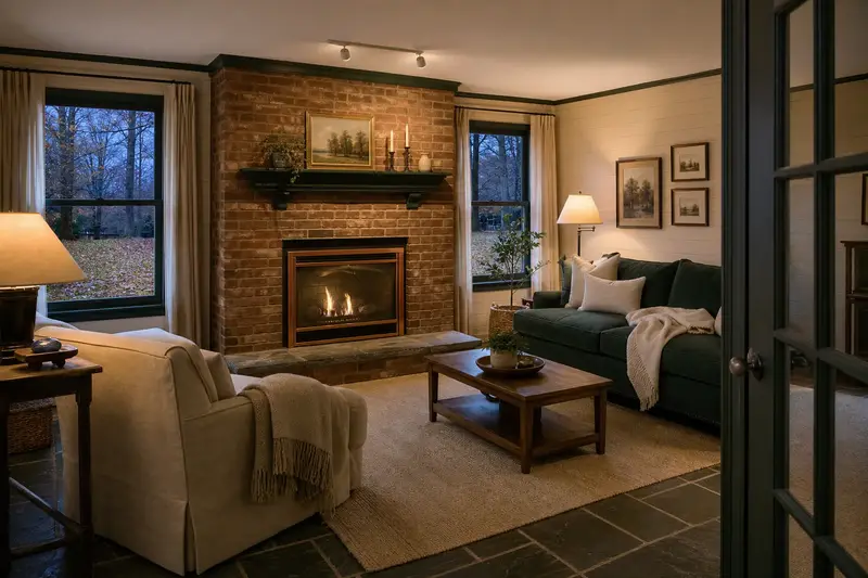 A living room with a direct-vent gas fireplace glowing warmly behind glass, no one present; illustrative image