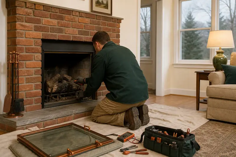 A technician testing the igniter of a vented gas log set in a masonry firebox with the glass front set aside; illustrative image