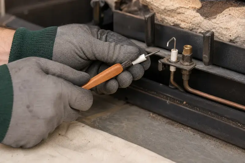 Gloved hands cleaning the spark igniter beside a pilot assembly; illustrative image