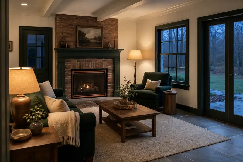 A warm living room with a vented gas log set in a masonry firebox glowing softly behind its glass, no one present; illustrative image