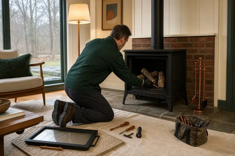 A technician checking the burner and log placement of a freestanding gas stove with the gas off and the glass set aside; illustrative image