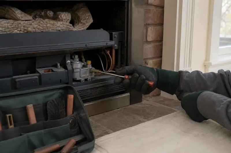 Gloved hands holding a manometer probe at the gas valve beneath a gas insert set in a brick opening; illustrative image