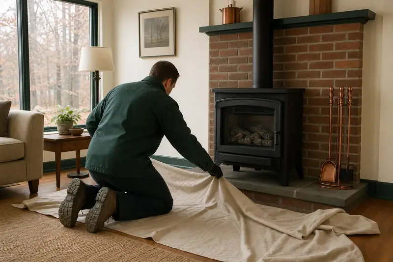 A technician laying drop cloths before servicing a freestanding gas stove, the fireplace cold; illustrative image
