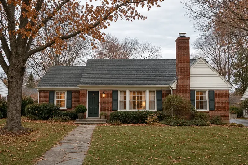 A 1960s brick-front ranch house with a tall brick chimney on a steep gable roof topped by a new stainless steel cap; illustrative image