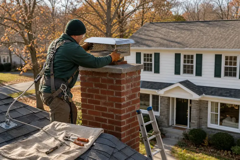 A harnessed technician setting a stainless steel mesh chimney cap onto a red brick chimney with a concrete crown; illustrative image