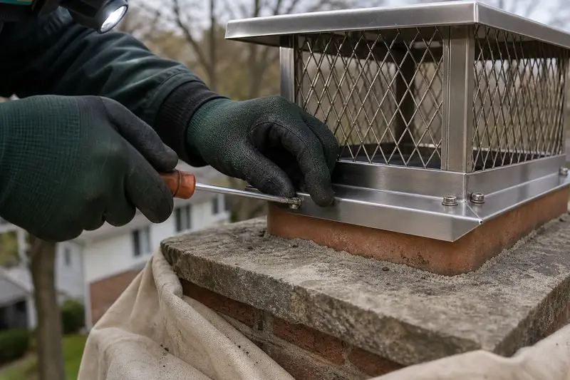 Gloved hands tightening the mounting screws of a stainless steel cap on a flue; illustrative image