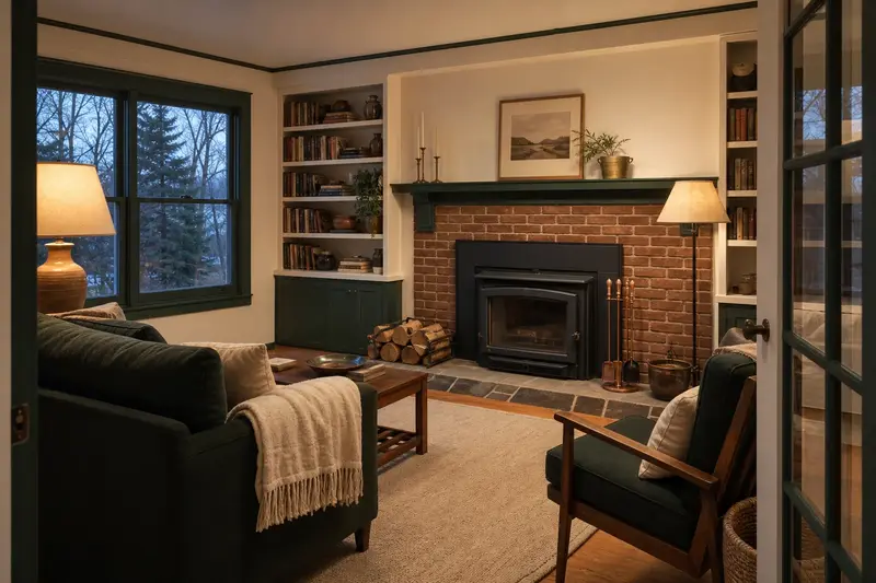 A tidy hearth room with a wood-burning insert in a brick opening, a cleared hearth, fireplace tools and split firewood; illustrative image