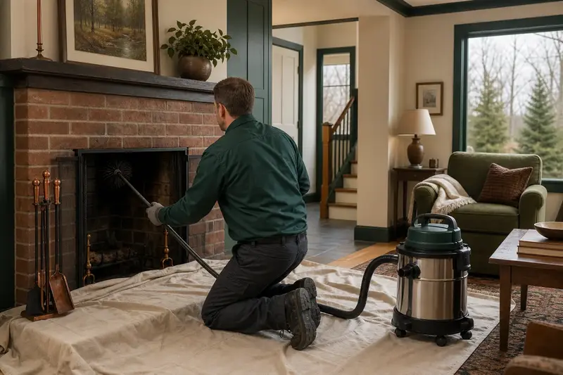 A technician feeding a rotary chimney brush up the flue of an open masonry wood-burning fireplace, drop cloths and a sealed vacuum on the hearth; illustrative image
