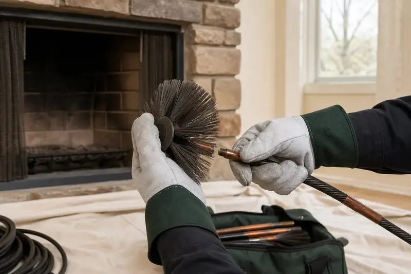 Gloved hands fitting a round wire brush onto a flexible rod at the hearth of a factory-built wood-burning fireplace with a stone facing; illustrative image