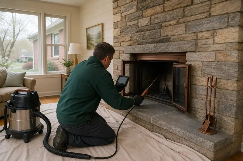 A technician guiding an inspection camera into the firebox of a factory-built wood-burning fireplace with a stone facing, the fireplace cold and unlit; illustrative image