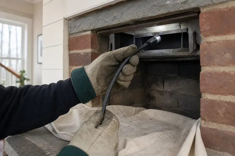 An inspection camera head on a flexible cable at the damper opening of an open masonry wood-burning fireplace; illustrative image