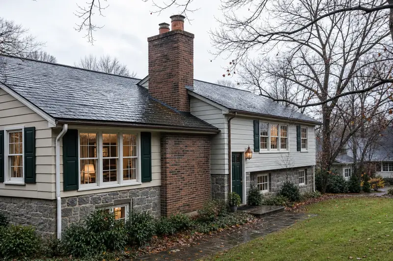 A 1960s split-level house after a cold rain with a two-flue brick chimney on a slate roof, wet roofs and clear gutters; illustrative image