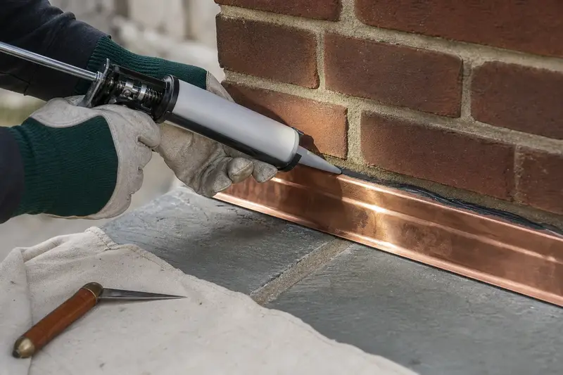 Gloved hands resealing the counter-flashing joint at the base of a brick chimney; illustrative image