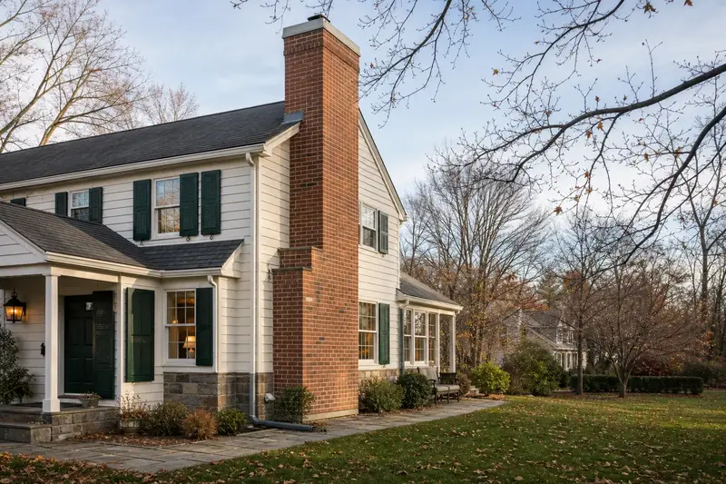 A 1960s two-story suburban house with a red brick chimney with a concrete crown and neat, even mortar joints; illustrative image