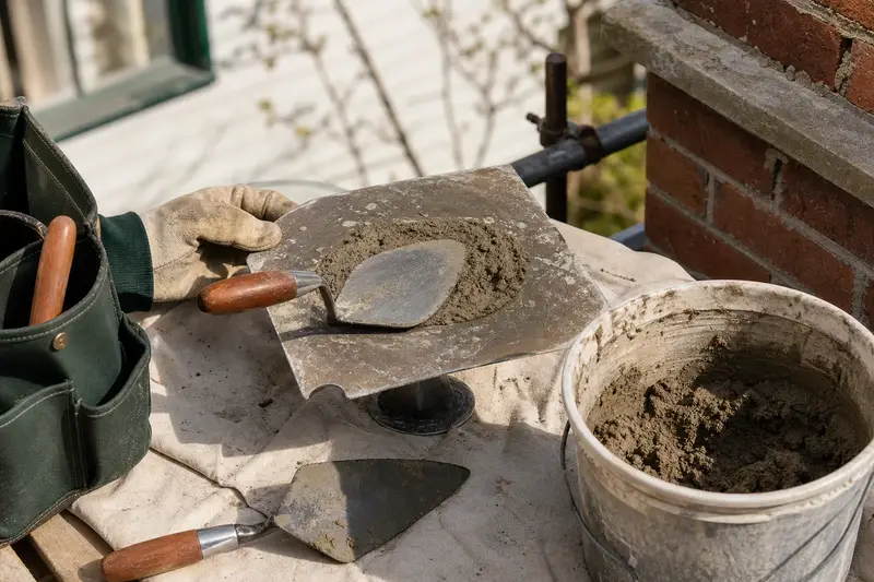 A mortar hawk, trowels and a bucket of mixed mortar set on a roof work platform; illustrative image