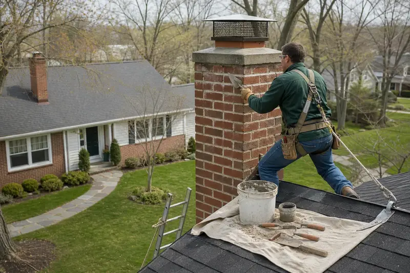 A harnessed mason repointing mortar joints on a tall brick chimney on a steep gable roof with a pointing trowel; illustrative image