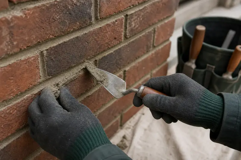 Gloved hands pressing fresh mortar into a raked joint with a tuckpointing trowel; illustrative image