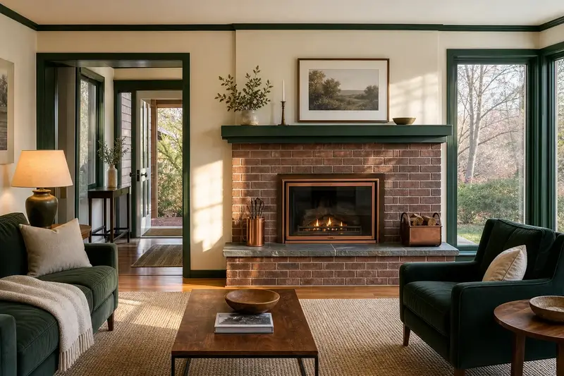 A warm hearth room with a direct-vent gas fireplace on a cool evening, no one present; illustrative image