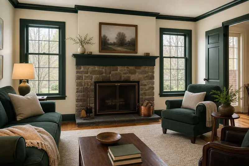 A restored hearth room with a factory-built wood-burning fireplace with a stone facing, a clean hearth and brass fireplace tools; illustrative image