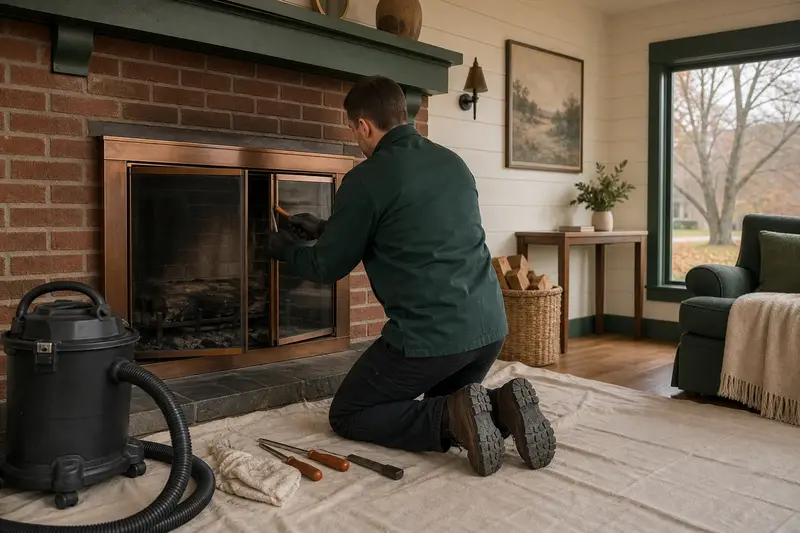 A technician adjusting the glass doors of an open masonry wood-burning fireplace with a hand tool, the fireplace unlit; illustrative image