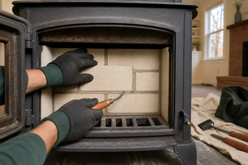New firebrick and refractory mortar in the back wall of a cast-iron wood stove on a stone hearth pad, seen up close; illustrative image