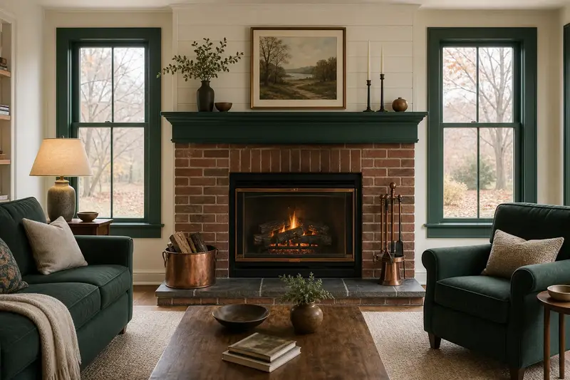 A living room with a vented gas log set in a masonry firebox glowing warmly behind glass, no one present; illustrative image