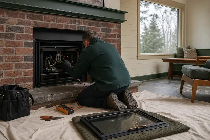 A technician testing the igniter of a gas insert set in a brick opening with the glass front set aside; illustrative image