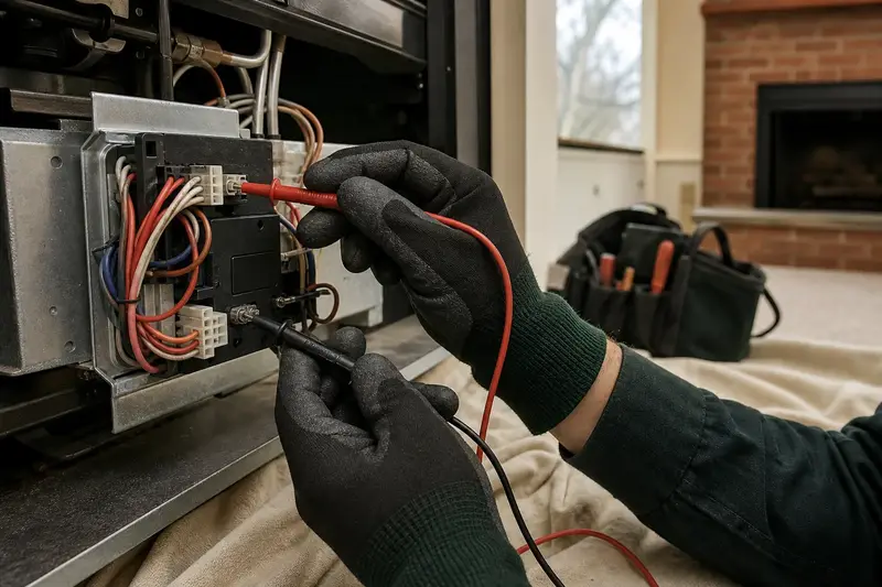 A gas fireplace control module with wires and a multimeter probe, seen up close; illustrative image
