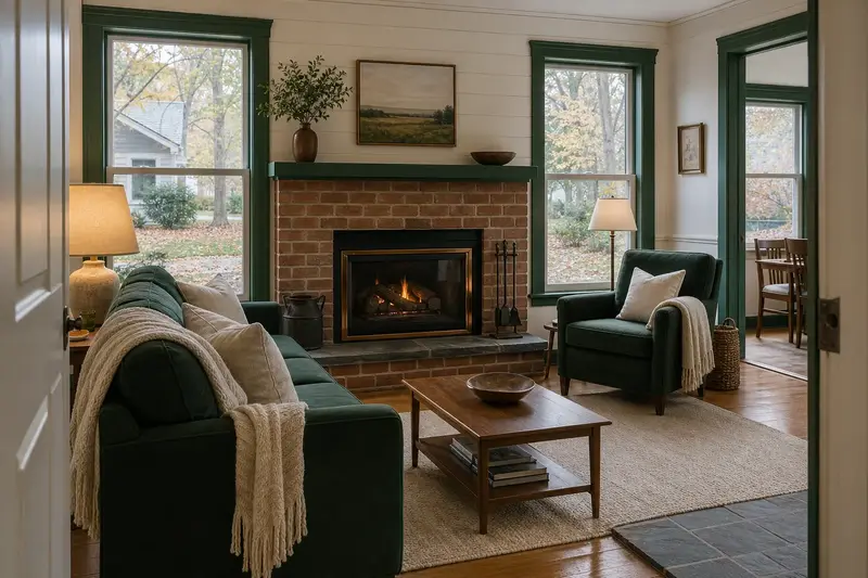 A warm living room with a vented gas log set in a masonry firebox glowing softly behind its glass, no one present; illustrative image