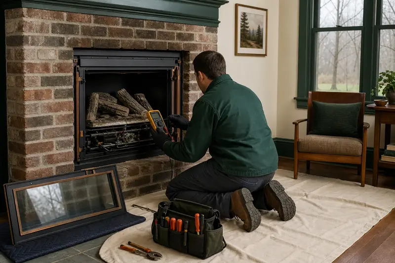 A technician kneeling at a direct-vent gas fireplace with the glass front removed, testing the controls with a multimeter; illustrative image