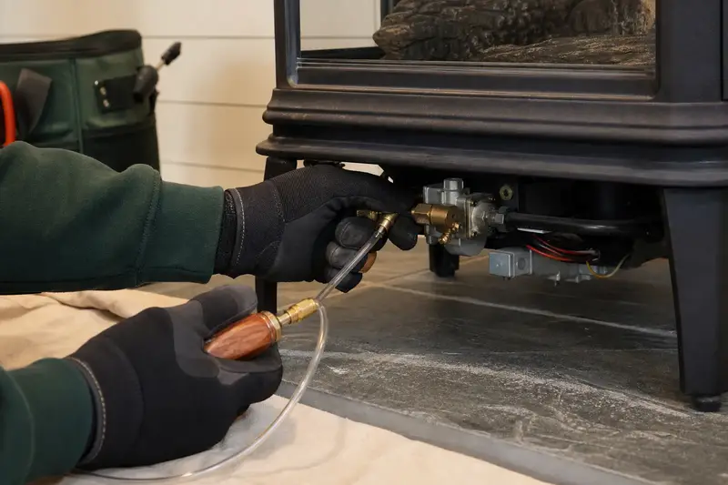 Gloved hands holding a manometer probe at the gas valve beneath a freestanding gas stove; illustrative image