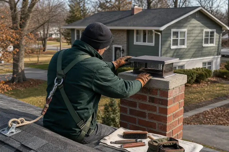 A harnessed technician checking the cap and crown of a red brick chimney with a concrete crown before the heating season; illustrative image