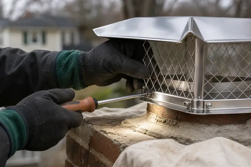 Gloved hands tightening the mounting screws of a stainless steel cap on a flue; illustrative image