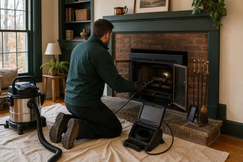 A technician guiding an inspection camera into the firebox of a gas insert set in a brick opening, the fireplace cold and unlit; illustrative image
