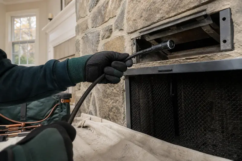 An inspection camera head on a flexible cable at the damper opening of a factory-built wood-burning fireplace with a stone facing; illustrative image