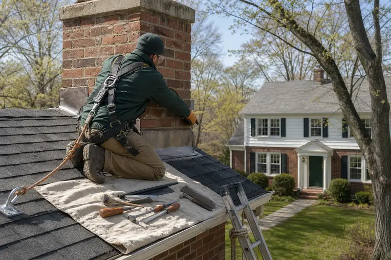 A harnessed technician checking the step flashing where a red brick chimney with a concrete crown meets the roof; illustrative image