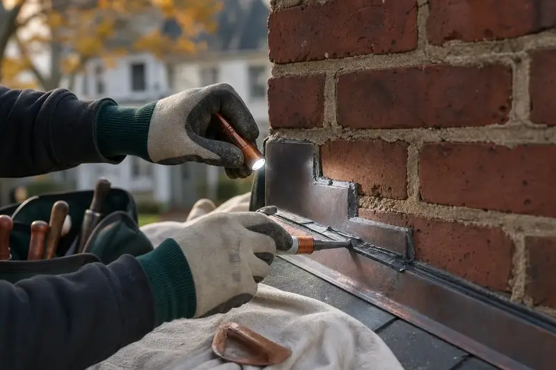 Gloved hands resealing the counter-flashing joint at the base of a brick chimney; illustrative image