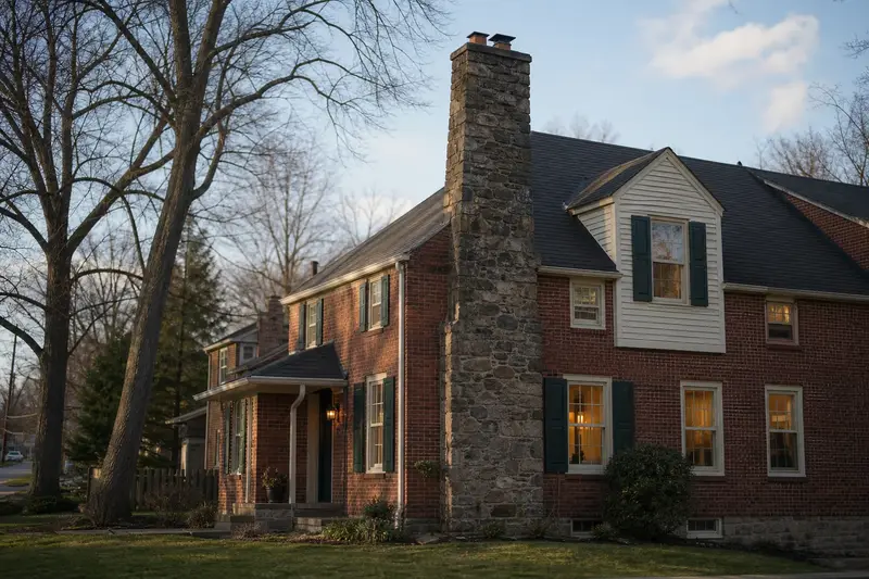 A 1950s brick twin home with a stone masonry chimney rising above the roof; illustrative image