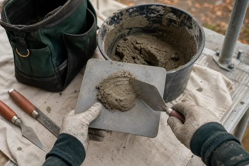 A mortar hawk, trowels and a bucket of mixed mortar set on a roof work platform; illustrative image