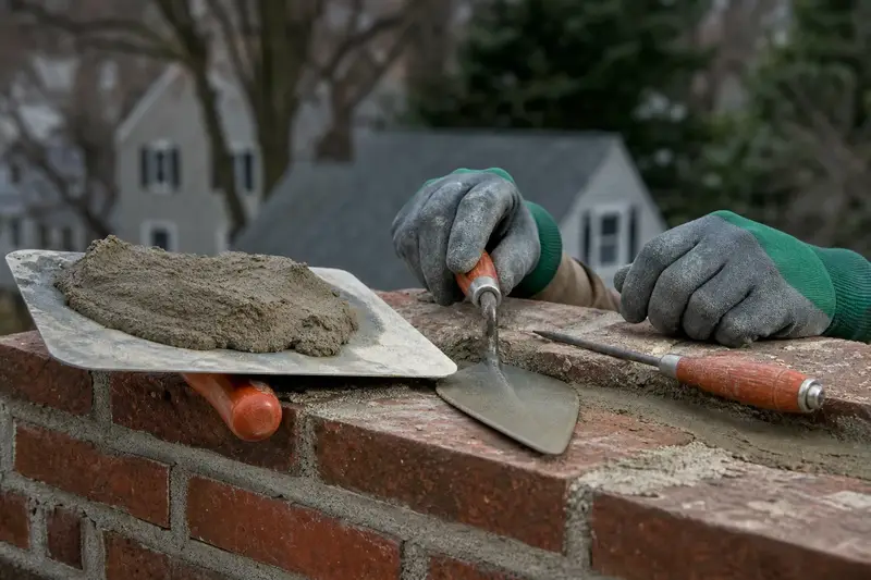 A mortar hawk, pointing trowel and jointer resting on sound brick at a chimney shoulder; illustrative image