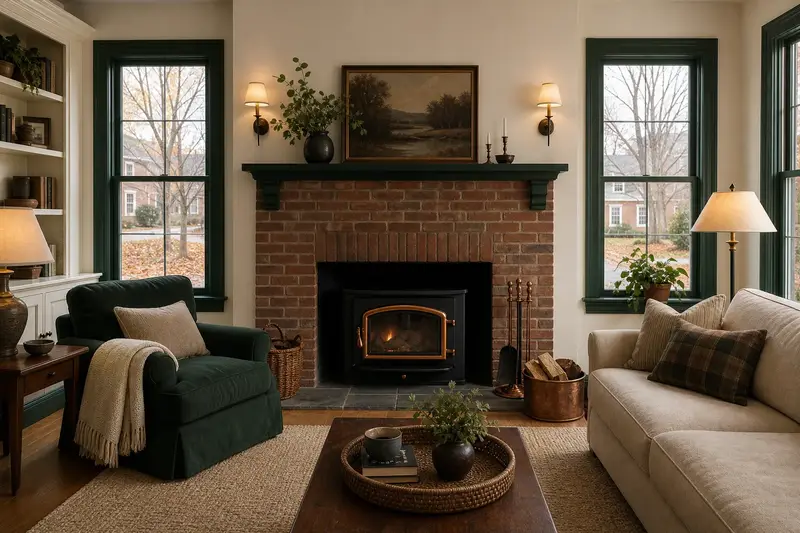A warm hearth room with a wood-burning insert in a brick opening on a cool evening, no one present; illustrative image