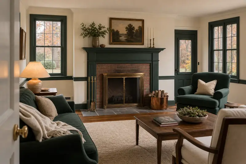 A restored hearth room with an open masonry wood-burning fireplace, a clean hearth and brass fireplace tools; illustrative image