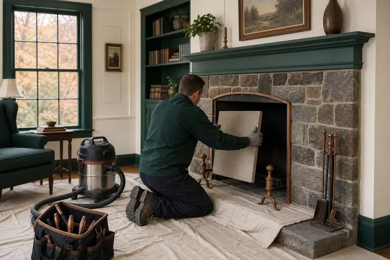 A technician fitting a refractory panel into the firebox of a factory-built wood-burning fireplace with a stone facing, the fireplace cold and unlit; illustrative image