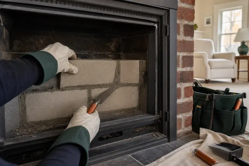 New firebrick and refractory mortar in the back wall of a wood-burning insert in a brick opening, seen up close; illustrative image
