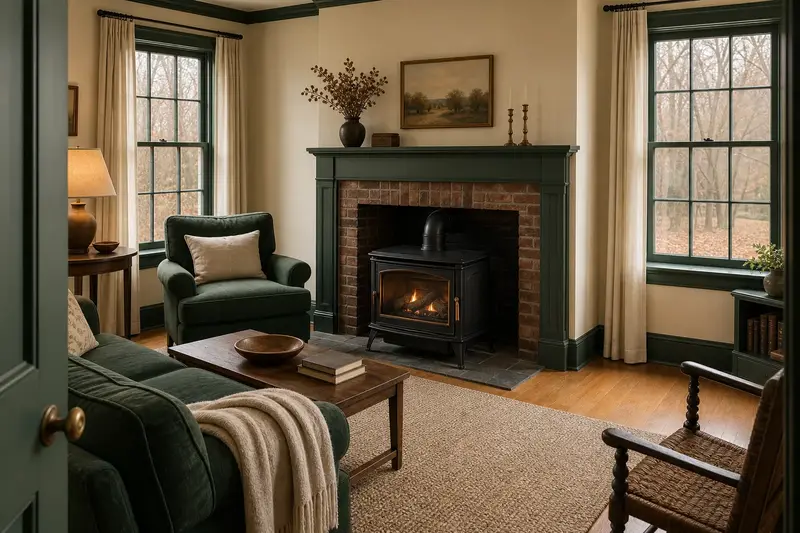 A living room with a freestanding gas stove glowing warmly behind glass, no one present; illustrative image