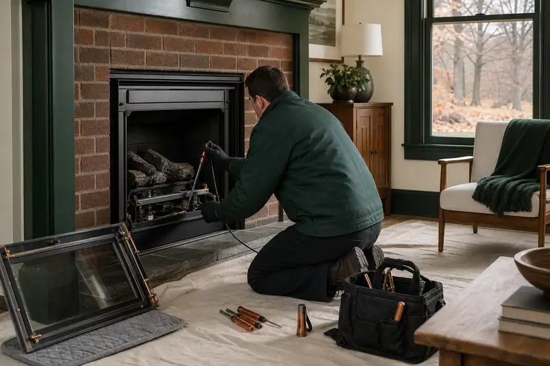 A technician testing the igniter of a gas insert set in a brick opening with the glass front set aside; illustrative image